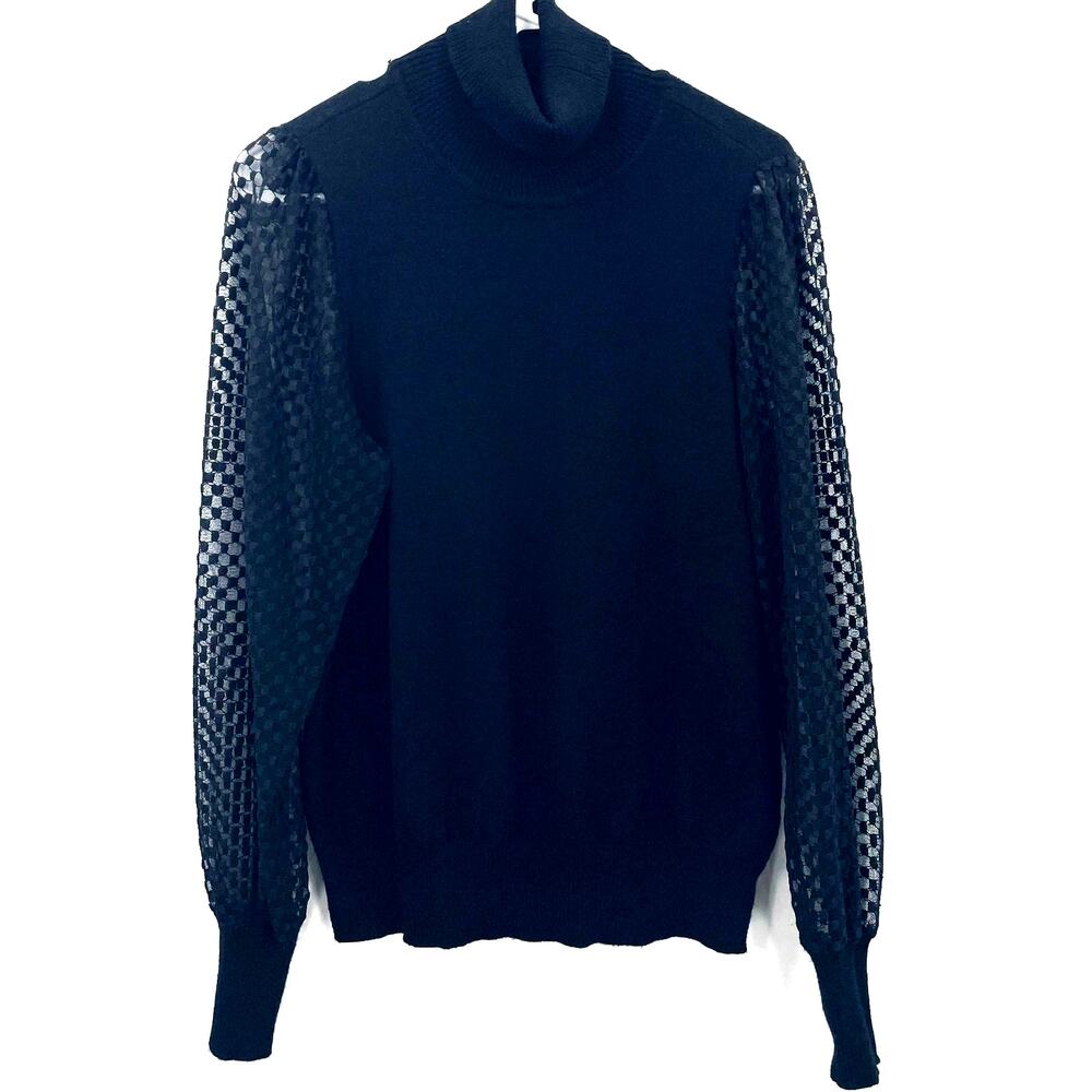 Marled Women's Turtleneck Blouse, Long Sheer Swiss Dot Lace Sleeves, Black Sz. L